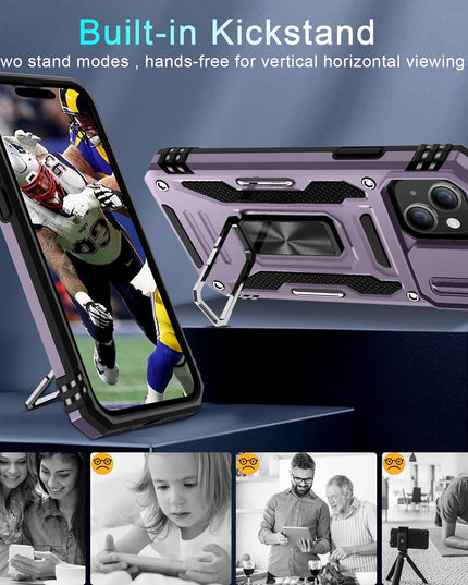 BAHAHOUSES Case for iPhone 15 with Slide Camera Cover, Rotated Ring Kickstand Military Grade Shockproof Protective Cover-Deep Purple