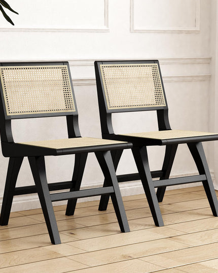 Accent Chair Dining Chairs Set of 2, Solid Wood Frame Boho Rattan Chair, Mid Century Modern Accent Chairs for Living Room Bedroom Dining Room Kitchen (Black)