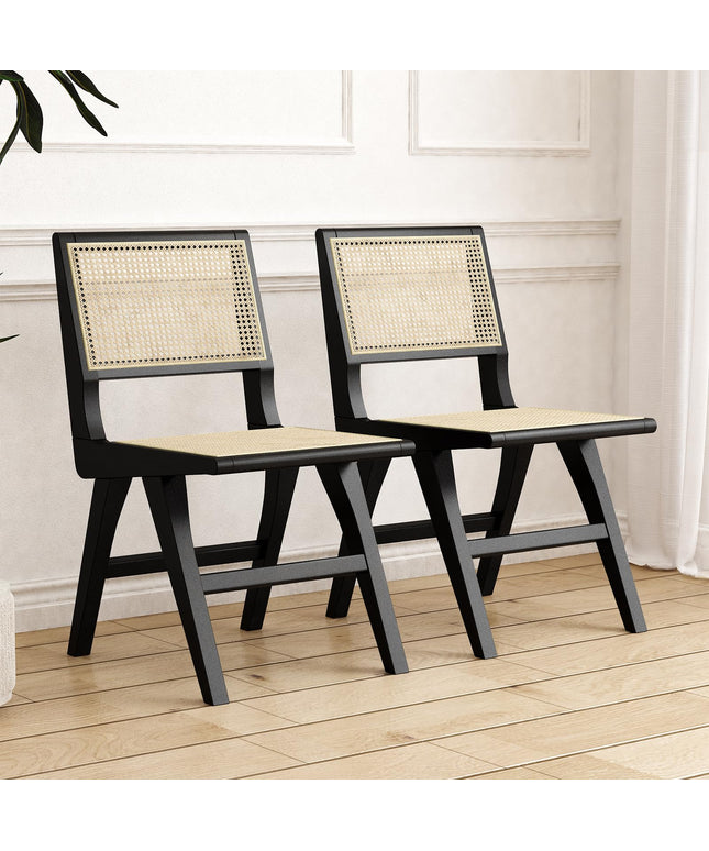Accent Chair Dining Chairs Set of 2, Solid Wood Frame Boho Rattan Chair, Mid Century Modern Accent Chairs for Living Room Bedroom Dining Room Kitchen (Black)