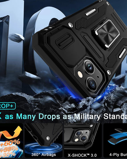 BAHAHOUSES Case for iPhone 15 with Slide Camera Cover, Rotated Ring Kickstand Military Grade Shockproof Protective Cover-Black