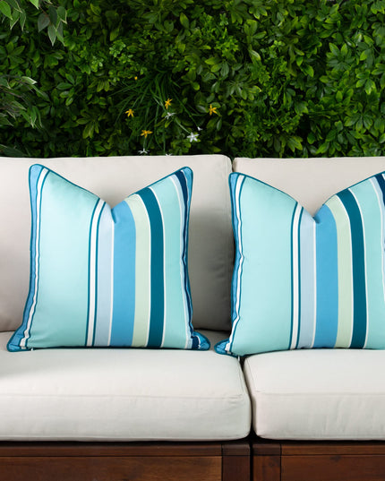 Hofdeco Porch Patio Indoor Outdoor Lumbar Pillow Cover ONLY for Backyard, Couch, Sofa, Aqua Rainbow Stripes, Set of 2