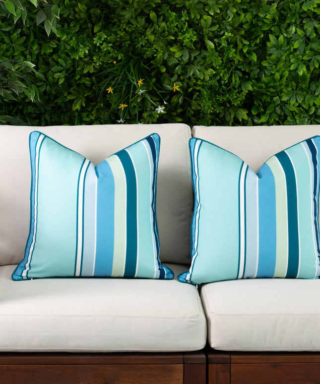 Hofdeco Porch Patio Indoor Outdoor Lumbar Pillow Cover ONLY for Backyard, Couch, Sofa, Aqua Rainbow Stripes, Set of 2