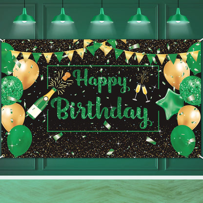 Green Black Gold Birthday Party Decoration Banner, Green Black Happy Birthday Backdrop Banner, Large Green Black Gold Birthday Banner Photography Background Party Decoration for Men Women Boys Girls