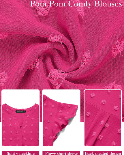 SIZE: 3XL - Fantaslook Women V Neck Flowy Short Sleeve Swiss Dot Blouse Business Casual Loose Shirt Top HotPink Medium