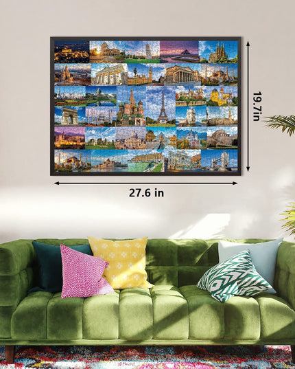 PICKFORU Europe Travel Puzzle 1000 Pieces for Adults, Eiffel Tower Big Ben Colosseum Landscape Puzzle Scenery, Nature Jigsaw Puzzles Paris Italy Landmarks