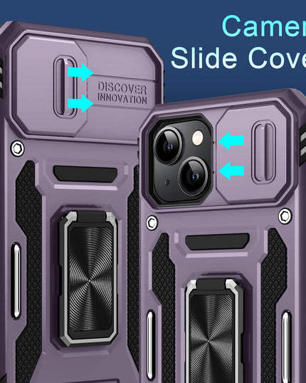 BAHAHOUSES Case for iPhone 15 with Slide Camera Cover, Rotated Ring Kickstand Military Grade Shockproof Protective Cover-Deep Purple