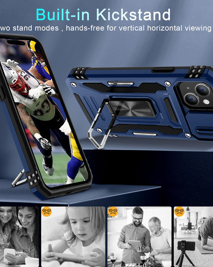 BAHAHOUSES Case for iPhone 15 with Slide Camera Cover, Rotated Ring Kickstand Military Grade Shockproof Protective Cover-Navy Blue