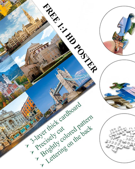 PICKFORU Europe Travel Puzzle 1000 Pieces for Adults, Eiffel Tower Big Ben Colosseum Landscape Puzzle Scenery, Nature Jigsaw Puzzles Paris Italy Landmarks