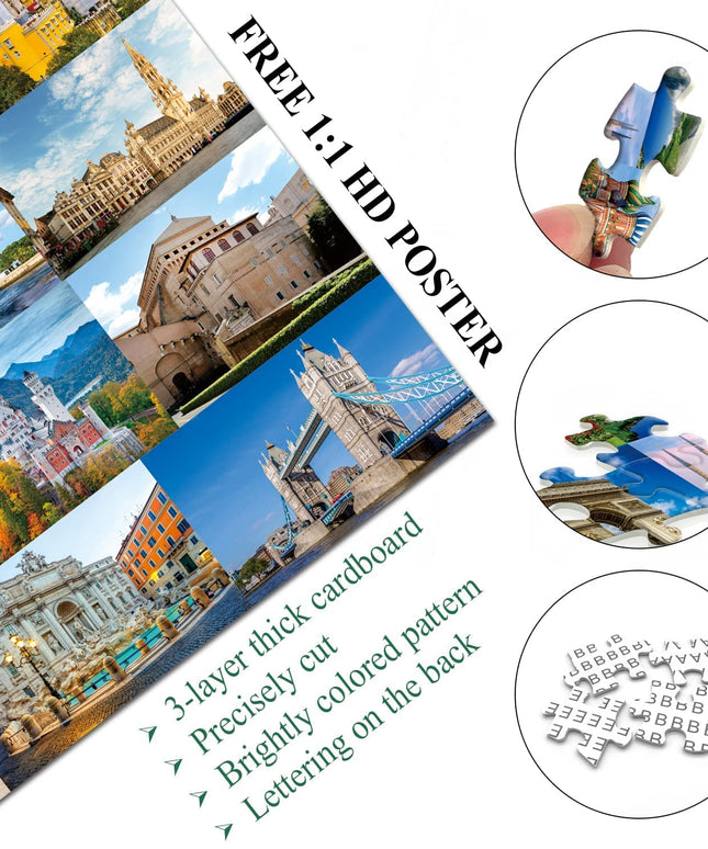 PICKFORU Europe Travel Puzzle 1000 Pieces for Adults, Eiffel Tower Big Ben Colosseum Landscape Puzzle Scenery, Nature Jigsaw Puzzles Paris Italy Landmarks