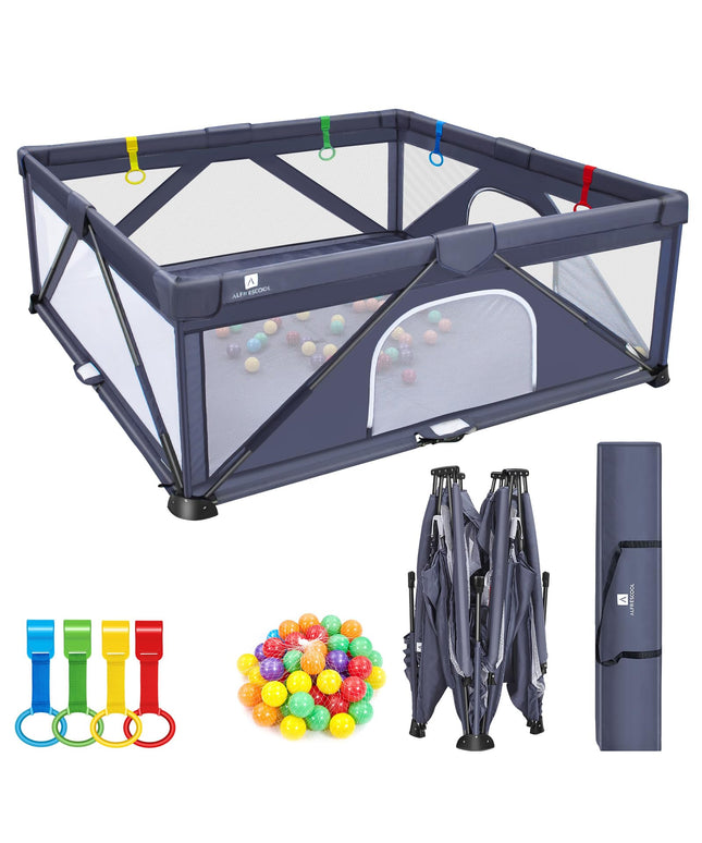 A ALFRESCOOL Baby Playpen, 47"x47"(15.5 sq. ft Space), Foldable Large Playpen for Babies and Toddlers, Indoor & Outdoor Baby Activity Center with Gate & Breathable Mesh, Anti-Fall Portable Play Pens