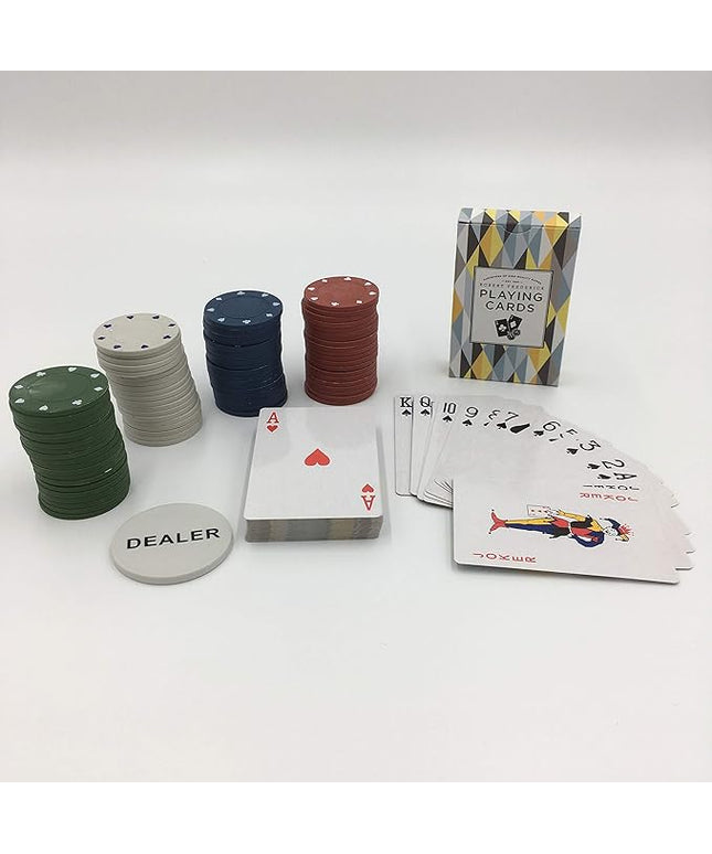1 Set of Cards, 80 Poker Chips & Dealer Button, in Patterned Box