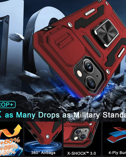 BAHAHOUSES Case for iPhone 15 with Slide Camera Cover, Rotated Ring Kickstand Military Grade Shockproof Protective Cover-Red