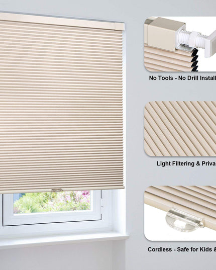 LazBlinds Cordless Cellular Shades No Tools No Drill Blackout Cellular Blinds for Window Size 162 cm (L) x 67 cm (W), Soft Cream