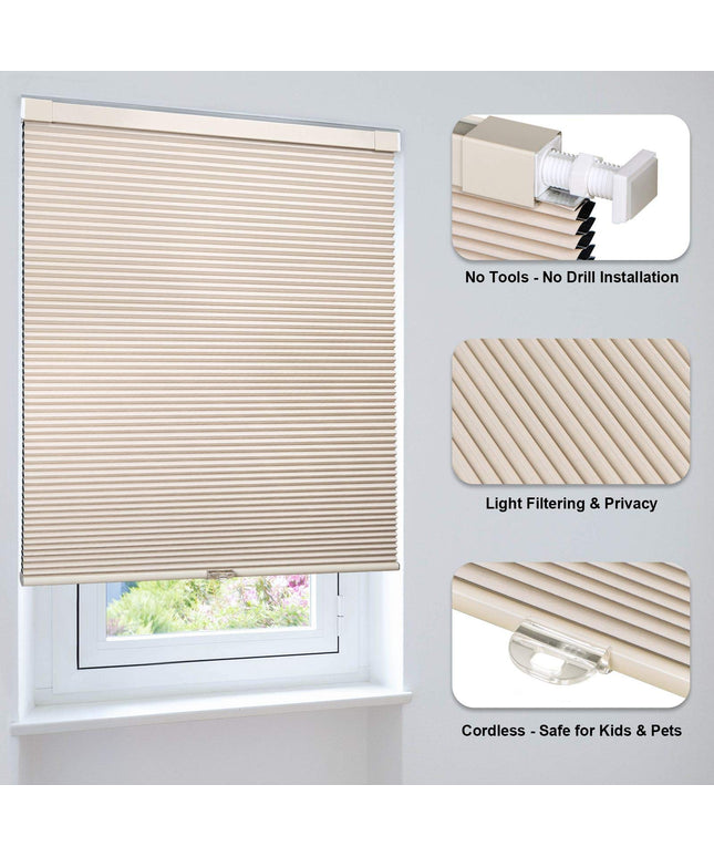 LazBlinds Cordless Cellular Shades No Tools No Drill Blackout Cellular Blinds for Window Size 162 cm (L) x 67 cm (W), Soft Cream