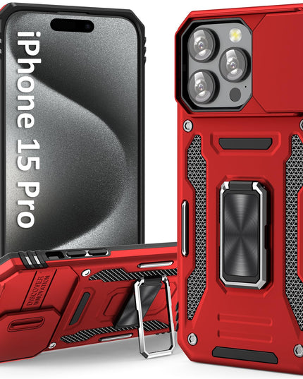 UKLCCU Case for iPhone 15 Pro Phone Case 15 Pro iPhone Case with Slide Camera Cover & Built-in 360° Rotating Kickstand for iPhone 15 Pro - Red