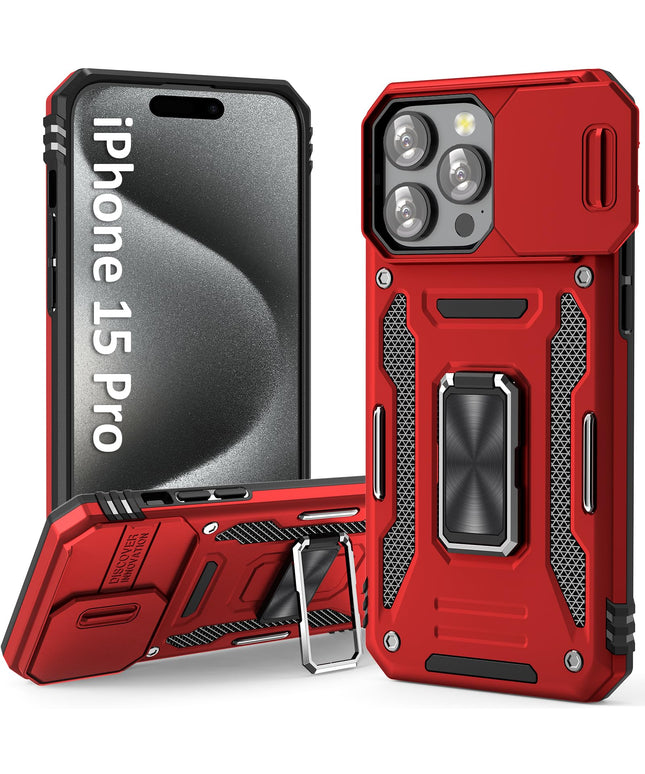 UKLCCU Case for iPhone 15 Pro Phone Case 15 Pro iPhone Case with Slide Camera Cover & Built-in 360° Rotating Kickstand for iPhone 15 Pro - Red