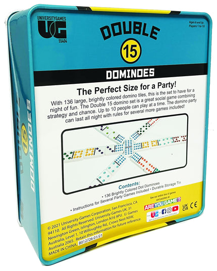 Front Porch Classics, Double 15 Color Dot Dominoes Set On-The-Go Travel Storage Tin, 2 to 12 Players Ages 8 to 99