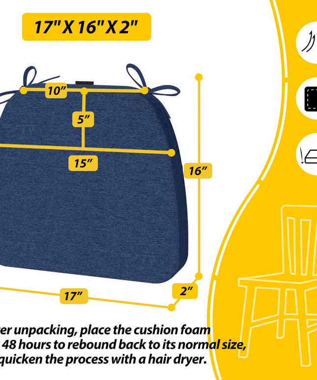 AAAAAcessories D-Shaped Chair Cushions for Dining Chairs with Ties and Removable Cover, 43 cm W x 40 cm L x 5 cm H, Set of 6, Blue