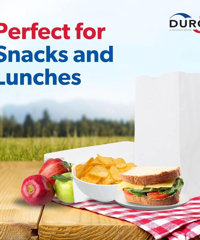 Duro 4# White Paper Lunch Bags – 100-Pack Bulk Disposable Kraft Paper Snack Bags | Small SOS Flat-Bottom Bags for Popcorn, Candy, Lunch & Treats (5" x 3.12" x 9.75")