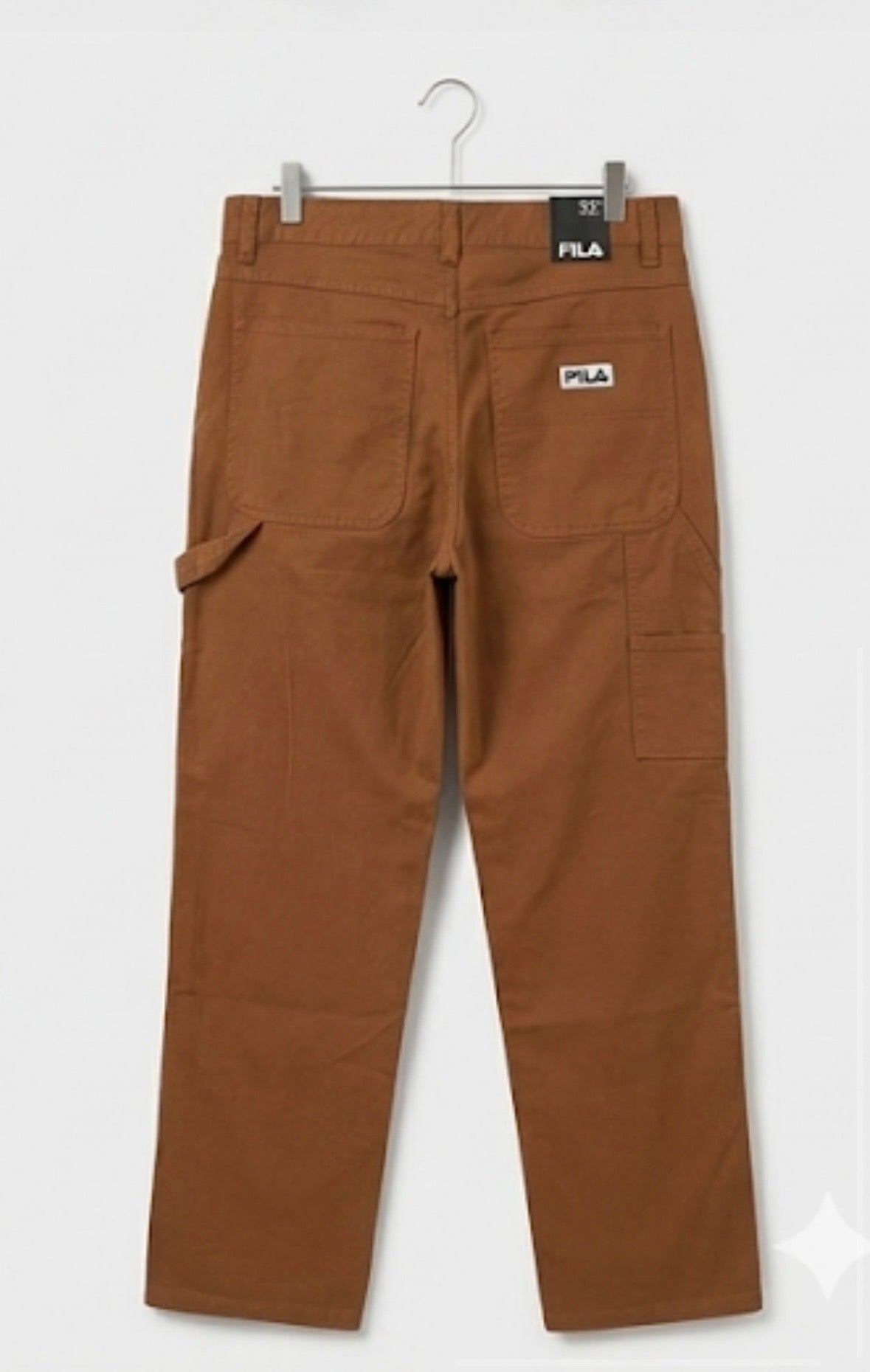Back of Fila brown carpenter work pants on hanger