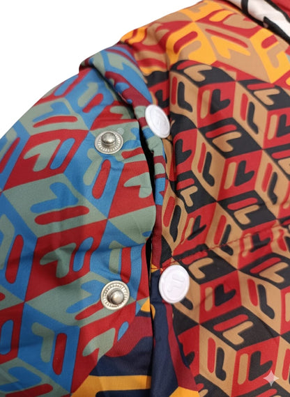 Close-up of Fila puffer snap buttons and geometric print