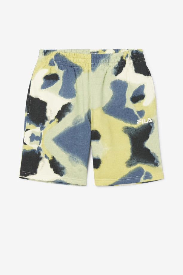Fila yellow and blue camo print shorts, flat