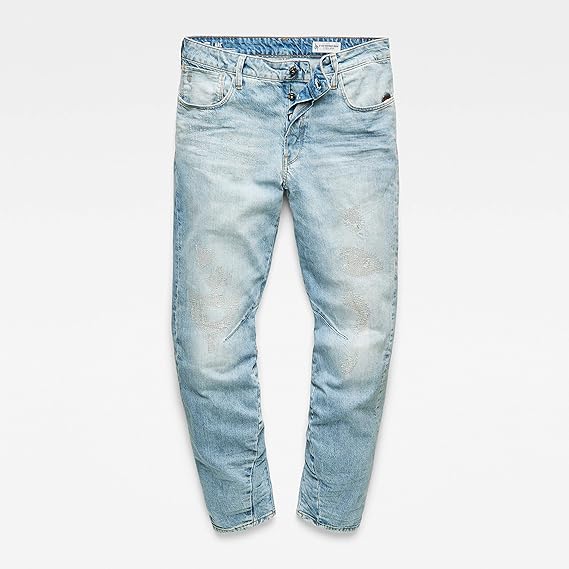 Front view of light blue jeans with a faded design and slim fit displayed on a white background.