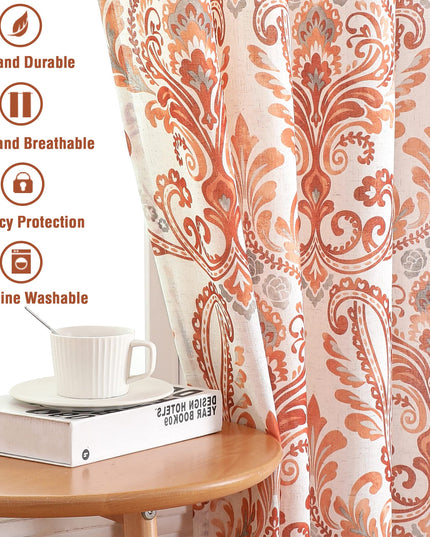H.VERSAILTEX Linen Curtains 160 cm Length 2 Panels, Terry Red, Floral Pattern