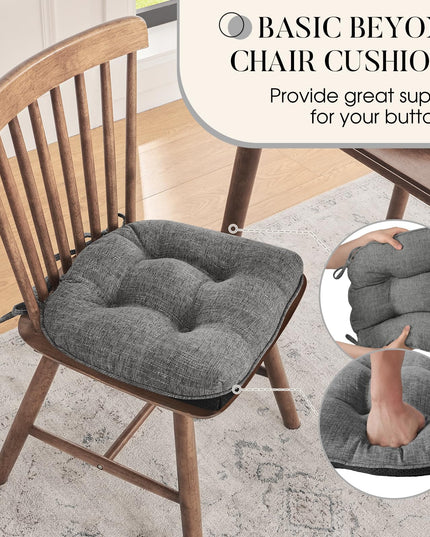 Basic Beyond Chair Cushions for Dining Chairs 4 Pack, Memory Foam Chair Cushion with Ties and Non Slip Backing 40 x 40 CM Tufted Chair Pads for Dining Chairs(Charcoal)