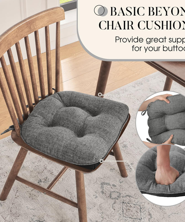 Basic Beyond Chair Cushions for Dining Chairs 4 Pack, Memory Foam Chair Cushion with Ties and Non Slip Backing 40 x 40 CM Tufted Chair Pads for Dining Chairs(Charcoal)