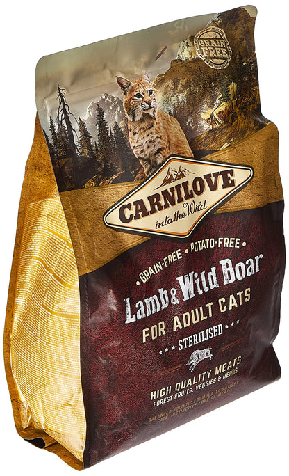 Carnilove lamb and wild boar cat food bag, angled view