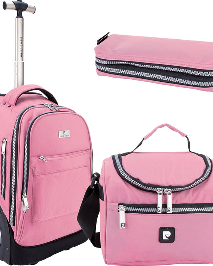 Pierre Cardin Trolley backpack School bag 3 PCS set All in One 2 BIG WHEEL Rolling Backpack Pencil case, Lunch bag and trolley backpack UNISEX PC87067-Pink