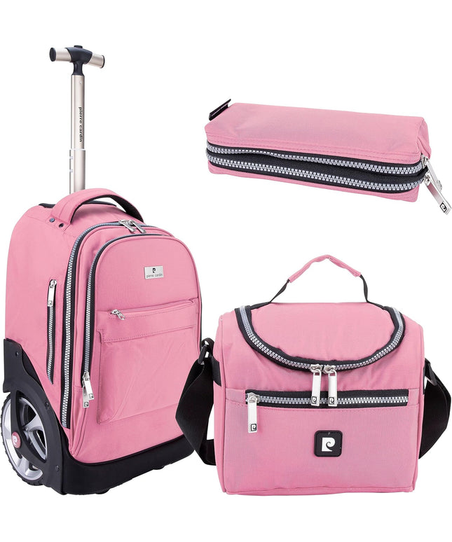 Pierre Cardin Trolley backpack School bag 3 PCS set All in One 2 BIG WHEEL Rolling Backpack Pencil case, Lunch bag and trolley backpack UNISEX PC87067-Pink