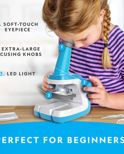 NATIONAL GEOGRAPHIC Microscope for Kids - Science Kit with an Easy-to-Use Kids Microscope, Up to 400x Zoom, Blank and Prepared Slides, Rock & Mineral Specimens, STEM Project Toy (Amazon Exclusive)