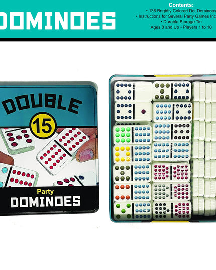 Front Porch Classics, Double 15 Color Dot Dominoes Set On-The-Go Travel Storage Tin, 2 to 12 Players Ages 8 to 99