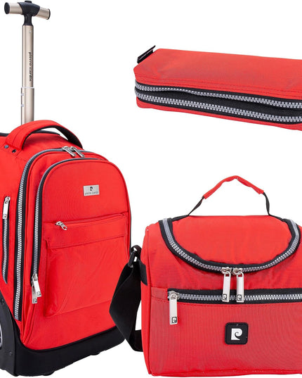 Pierre Cardin Trolley backpack School bag 3 PCS set All in One 2 BIG WHEEL Rolling Backpack Include Pencil case, Lunch bag and trolley backpack UNISEX PC87067-Red