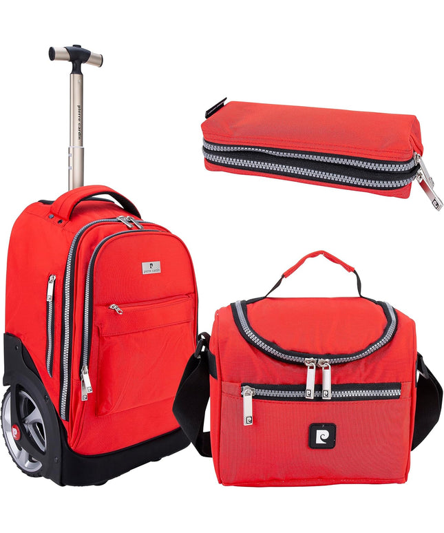 Pierre Cardin Trolley backpack School bag 3 PCS set All in One 2 BIG WHEEL Rolling Backpack Include Pencil case, Lunch bag and trolley backpack UNISEX PC87067-Red