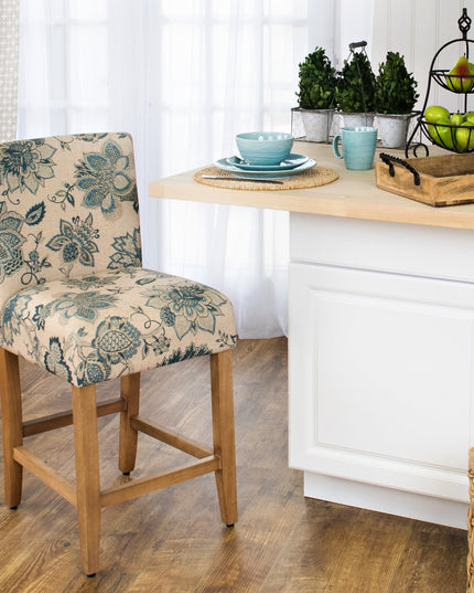 HomePop Upholstered Counter Height Barstool, 24-inch, Blue and Tan Jacobean