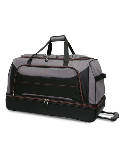 Protege Rolling Drop-Bottom Duffel Bag for Travel, 30 in, Black and Grey
