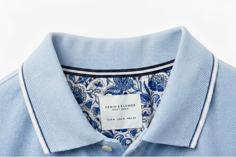 Denim & Flower Ricky Singh Light Blue Polo T-Shirt with Blue Floral Interior
