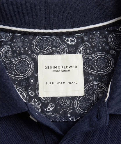 Denim & Flower Ricky Singh Navy Polo T-Shirt With White Line Accents