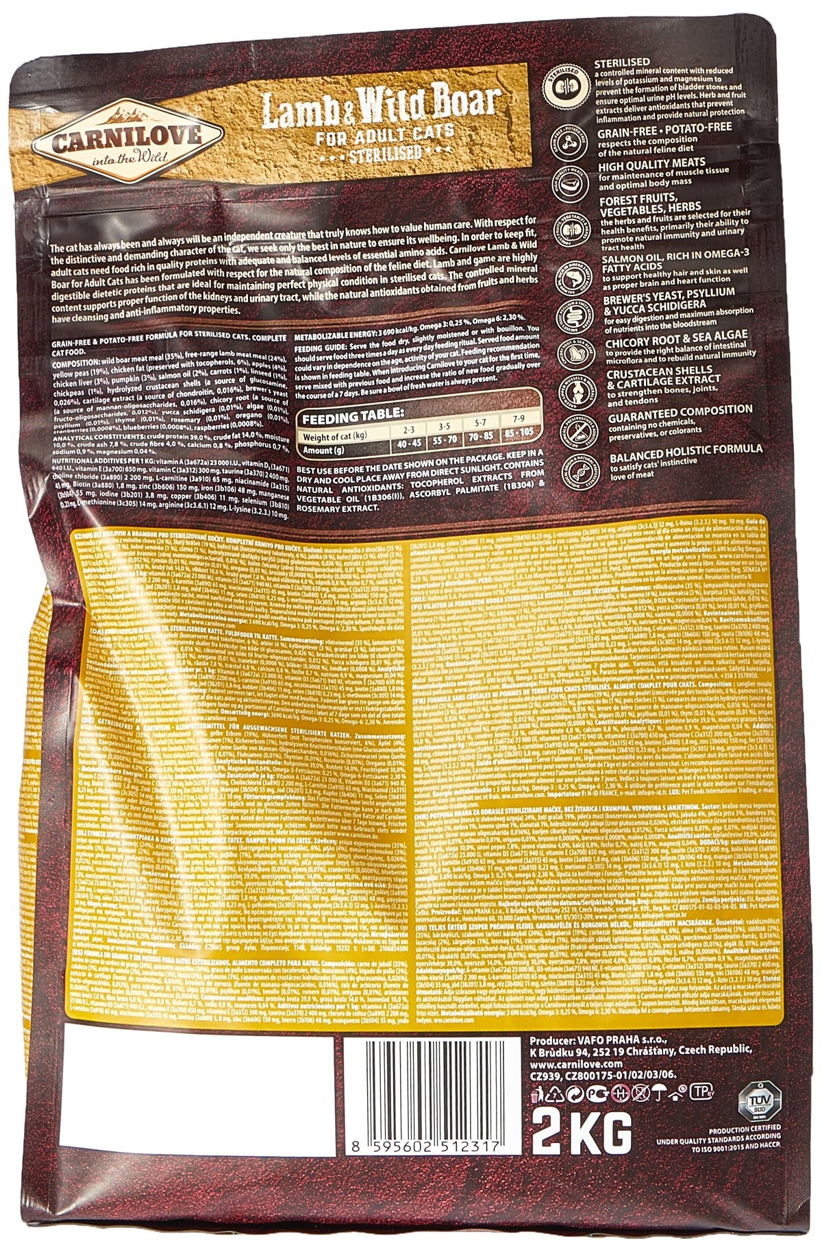 Carnilove lamb and wild boar cat food bag, back view with feeding info