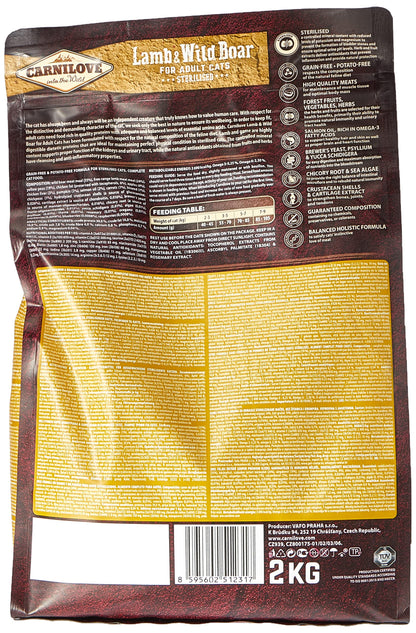 Carnilove lamb and wild boar cat food bag, back view with feeding info