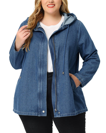 SIZE: 3XL - Agnes Orinda Women's Plus Size Layered Drawstring Hood Denim Utility Jacket with Pockets Blue