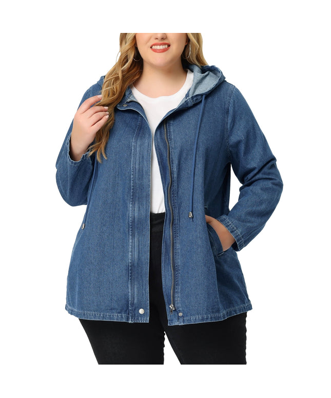 SIZE: 3XL - Agnes Orinda Women's Plus Size Layered Drawstring Hood Denim Utility Jacket with Pockets Blue