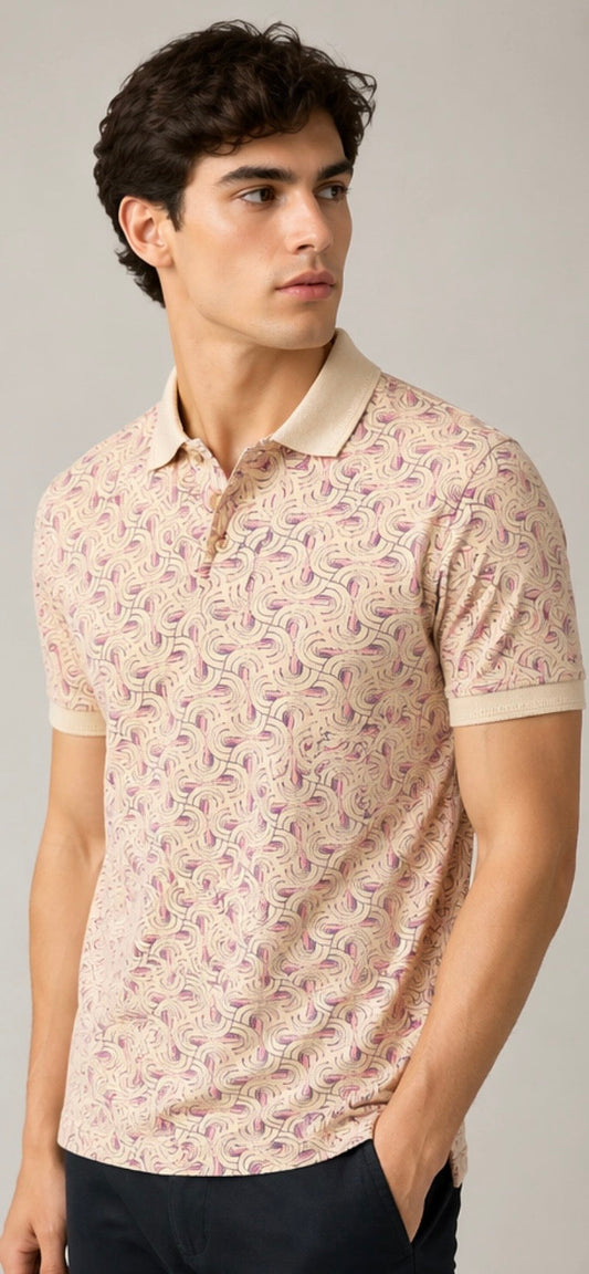 Van Heusen Beige Polo T-Shirt With Pink Pattern Men