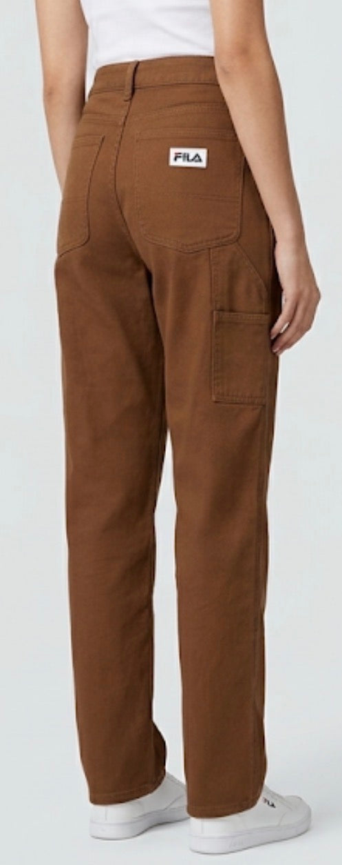 Model wearing Fila brown carpenter pants, back view
