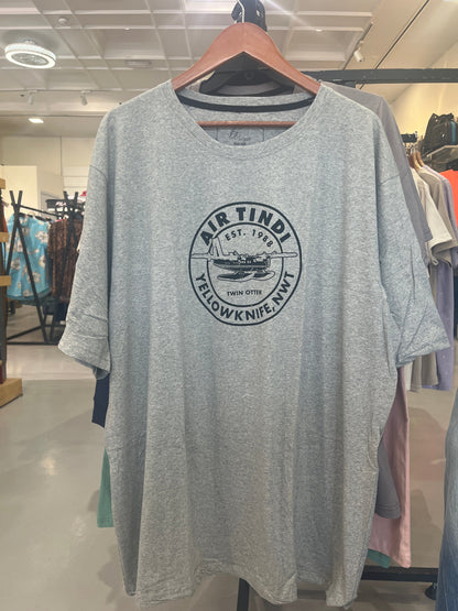 BS Style heather grey Air Tindi vintage graphic t-shirt, front view on hanger