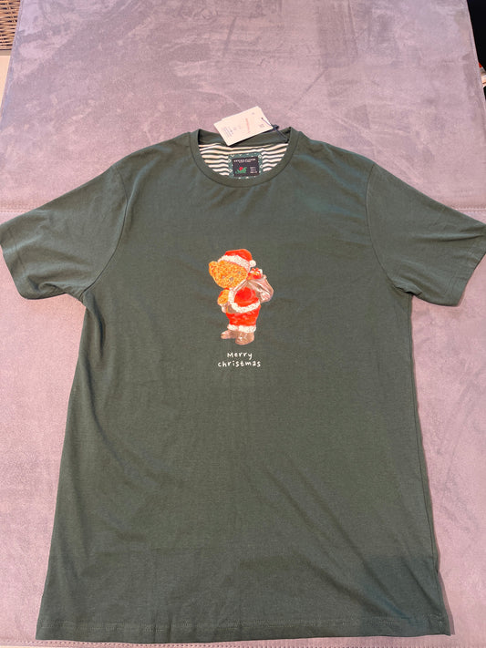 Denim & Flower Merry Christmas Teddy Bear Green T-Shirt