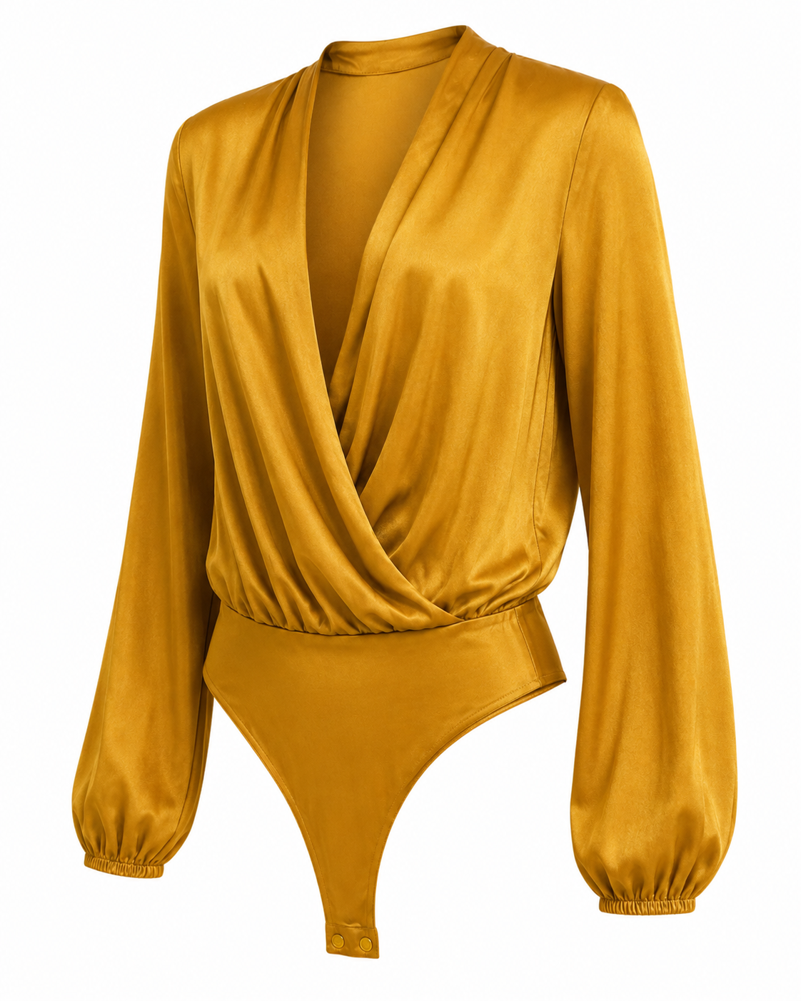 GUESS Satin Wrap Bodysuit – Mustard Gold, front view